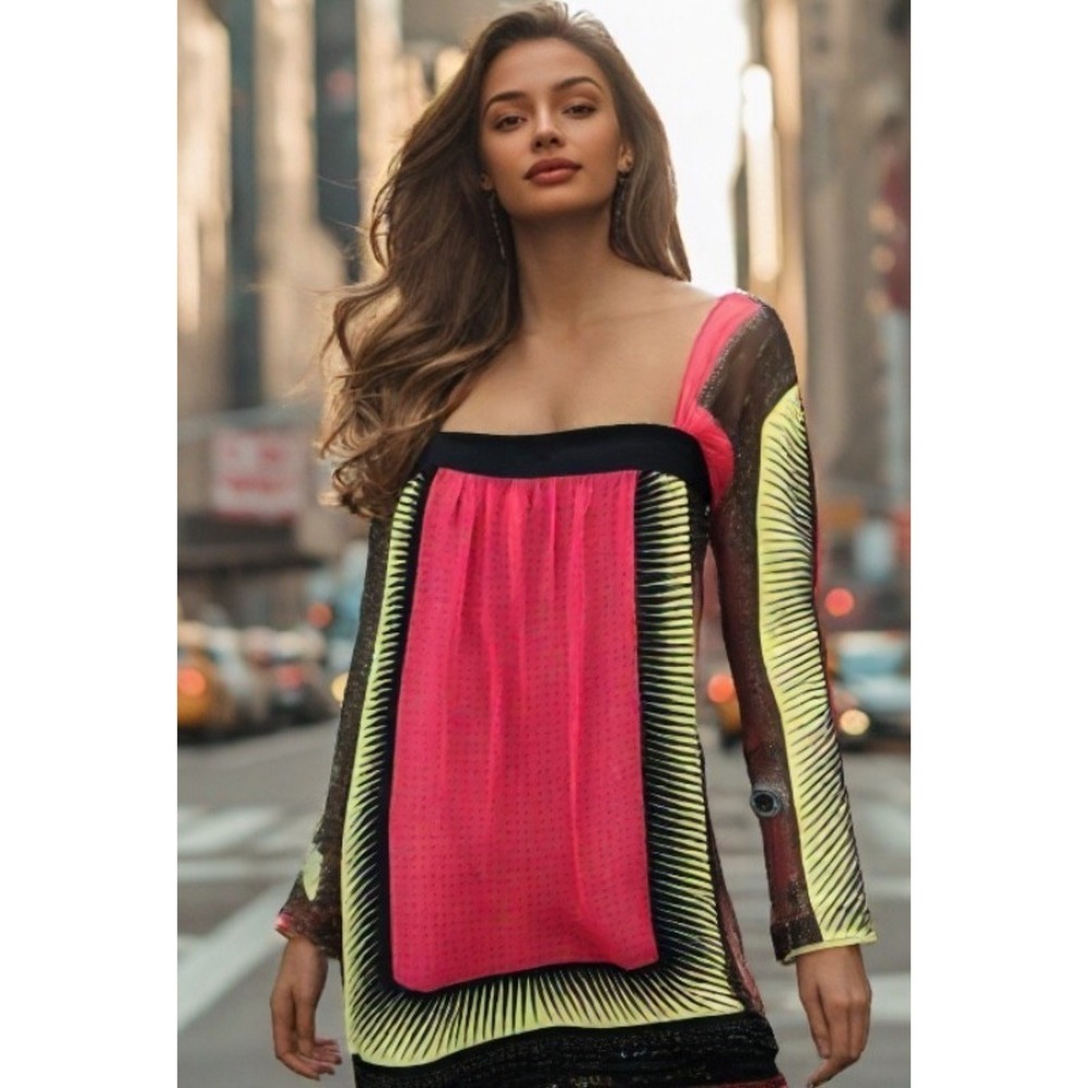 Philosophy Di Alberta Ferretti Silk Dress Women's Size 6 Long Sleeve Geometric